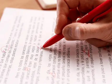 Student reviewing essay structure with red pen for ACT online coaching writing practice